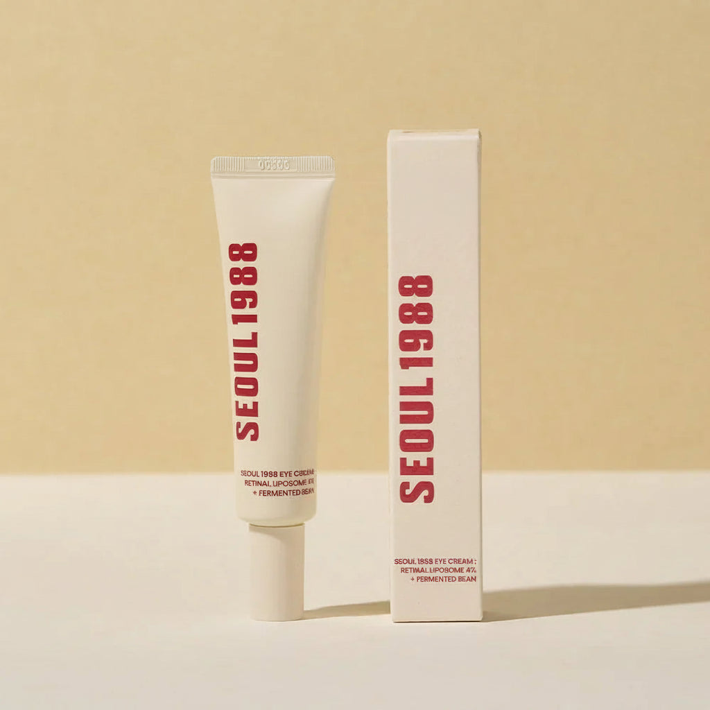 SEOU 1988 eye cream tube and packaging on a beige background