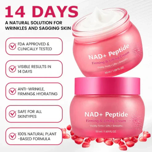Face cream jar with the NAD Peptide Firming Face Cream name clearly visible
